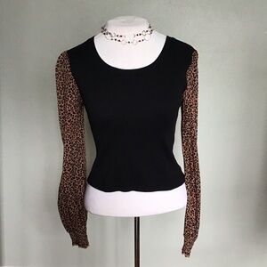 DKNY Cotton Blend Black Mixed Media Leopard Long Sleeves Cropped Knit Small